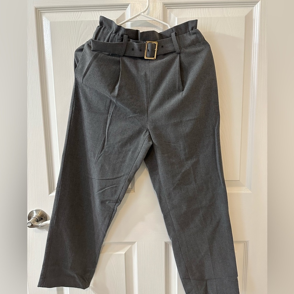 EUC DKNY tailored ruched paperbag high rise elastic waist pants with belt - Picture 5 of 13